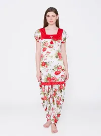 Floral Print Satin Short Sleeve Top and Long Leg Dhoti Set - Red (Size - Free )-thumb4