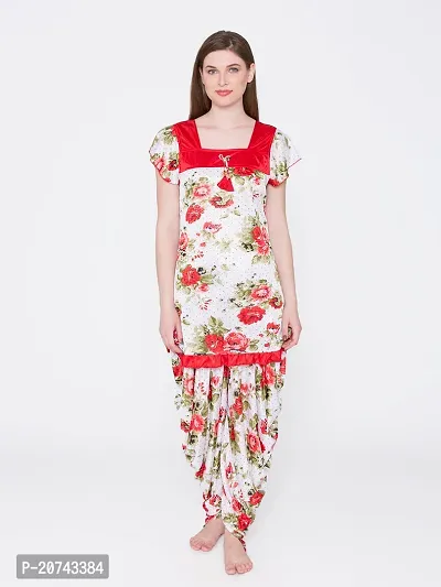 Floral Print Satin Short Sleeve Top and Long Leg Dhoti Set - Red (Size - Free )-thumb5
