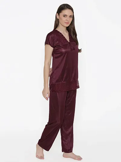 Silky Satin Top And Pyjama Set - (Size - Free )