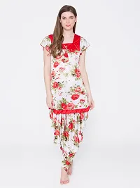 Floral Print Satin Short Sleeve Top and Long Leg Dhoti Set - Red (Size - Free )-thumb2