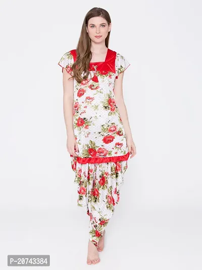 Floral Print Satin Short Sleeve Top and Long Leg Dhoti Set - Red (Size - Free )-thumb3