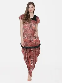 Leopard Print Satin Short Sleeve Top and Long Leg Dhoti Set - Red (Size - Free )-thumb1