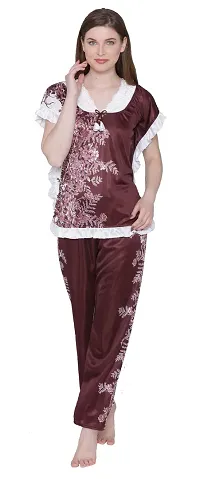 Floral Print Satin Top and Long Leg Pyjama Set - Brown (Size - Free )-thumb1