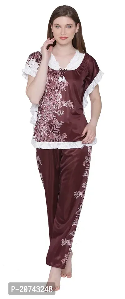 Floral Print Satin Top and Long Leg Pyjama Set - Brown (Size - Free )-thumb2