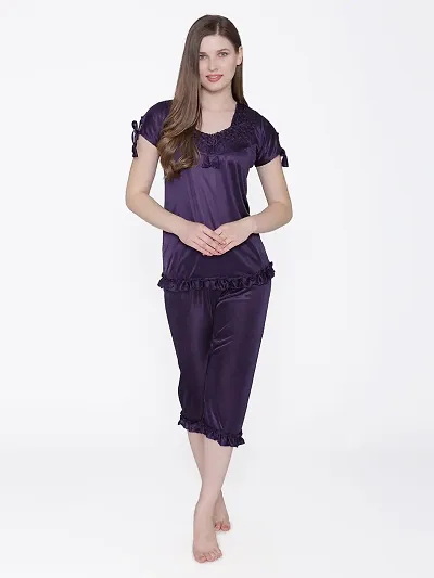 Silky Satin Top And Pyjama Set - (Size - Free )