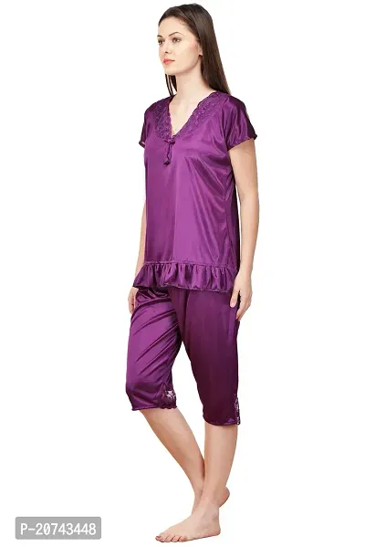 Silky Satin Top And Capri Set - Purple (Size - Free )-thumb3