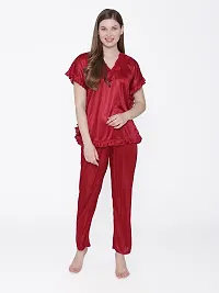 Silky Satin Top And Pyjama Set - Maroon (Size - Free )-thumb1