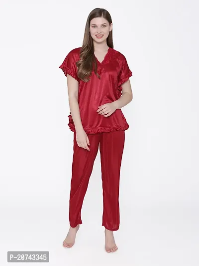 Silky Satin Top And Pyjama Set - Maroon (Size - Free )-thumb2