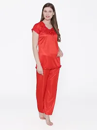 Silky Satin Top And Pyjama Set - Red (Size - Free )-thumb1