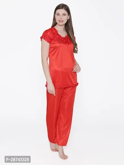 Silky Satin Top And Pyjama Set - Red (Size - Free )-thumb2