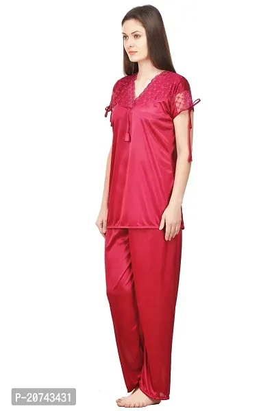 Silky Satin Top And Pyjama Set - Maroon (Size - Free )-thumb3