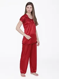 Silky Satin Top And Pyjama Set - Maroon (Size - Free )-thumb2