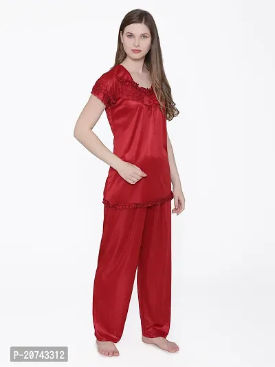 Silky Satin Top And Pyjama Set - Maroon (Size - Free )-thumb3