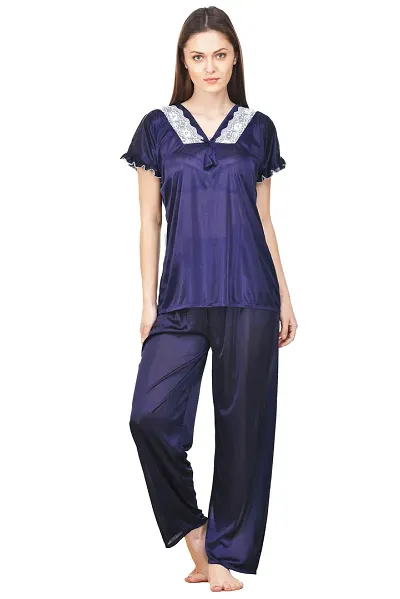 Silky Satin Top And Pyjama Set - (Size - Free )