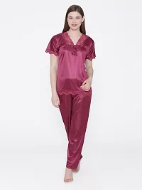 Silky Satin Top And Pyjama Set - Maroon (Size - Free )-thumb1