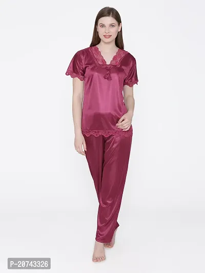 Silky Satin Top And Pyjama Set - Maroon (Size - Free )-thumb2