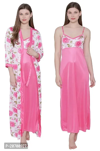 Floral Print Satin Nighty and Robe Set - Pink (Size - Free )-thumb0