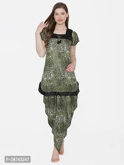 Leopard Print Satin Short Sleeve Top and Long Leg Dhoti Set - Green (Size - Free )