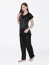 Silky Satin Top And Pyjama Set - Black (Size - Free )-thumb3