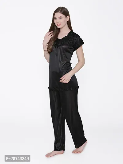 Silky Satin Top And Pyjama Set - Black (Size - Free )-thumb4