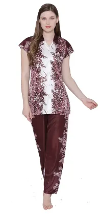 Floral Print Satin Button Up Shirt and Long Leg Pyjama Set - Brown (Size - Free )-thumb2