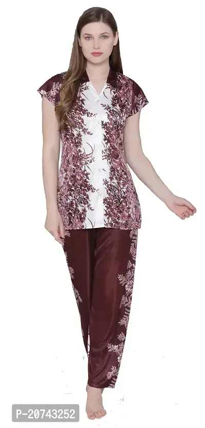 Floral Print Satin Button Up Shirt and Long Leg Pyjama Set - Brown (Size - Free )-thumb3