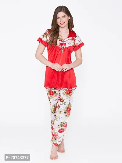 Floral Print Satin Top and Long Leg Pyjama Set - Red (Size - Free )-thumb3