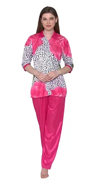 Floral Print Satin Button Up Shirt and Long Leg Pyjama Set - Pink (Size - Free )-thumb3