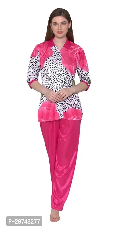 Floral Print Satin Button Up Shirt and Long Leg Pyjama Set - Pink (Size - Free )-thumb4