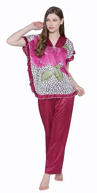 Floral Print Satin Top and Long Leg Pyjama Set - Maroon (Size - Free )-thumb4