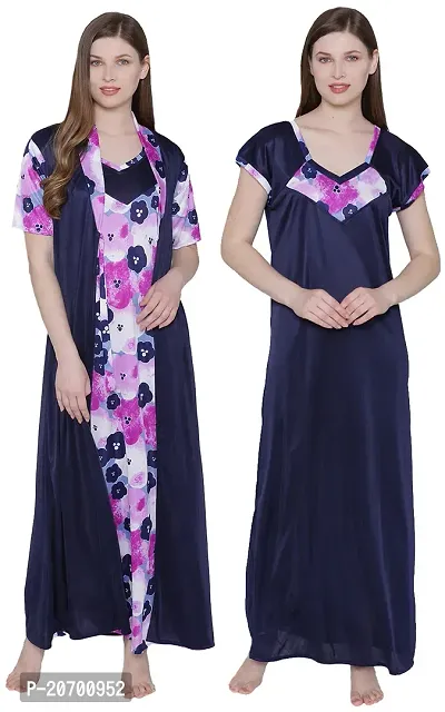 Floral Print Satin Nighty and Robe Set - Multicolor (Size - Free )