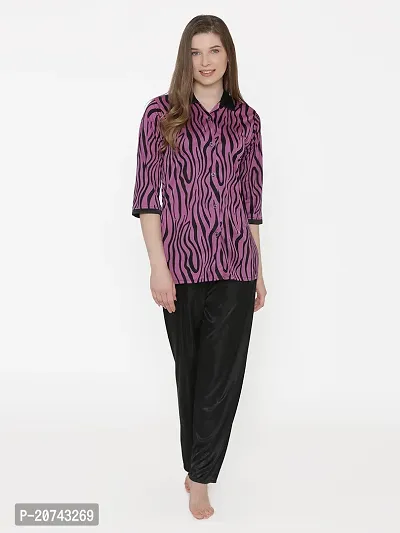 Tiger Print Satin Button Up Shirt and Long Leg Pyjama Set - Purple (Size - Free )