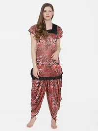 Leopard Print Satin Short Sleeve Top and Long Leg Dhoti Set - Red (Size - Free )-thumb3