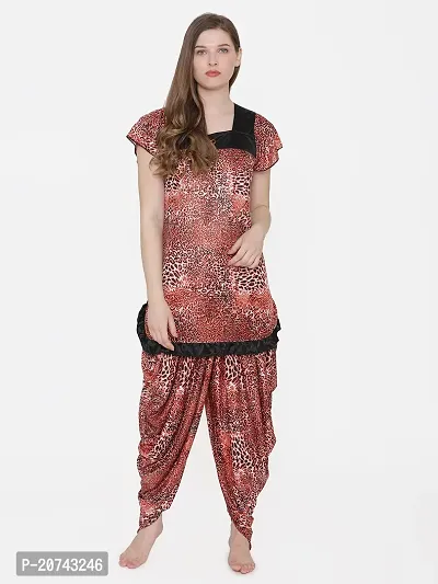 Leopard Print Satin Short Sleeve Top and Long Leg Dhoti Set - Red (Size - Free )-thumb4