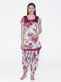 Floral Print Satin Short Sleeve Top and Long Leg Dhoti Set - Maroon (Size - Free )-thumb2