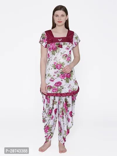Floral Print Satin Short Sleeve Top and Long Leg Dhoti Set - Maroon (Size - Free )-thumb3