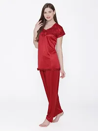 Silky Satin Top And Pyjama Set - Maroon (Size - Free )-thumb3