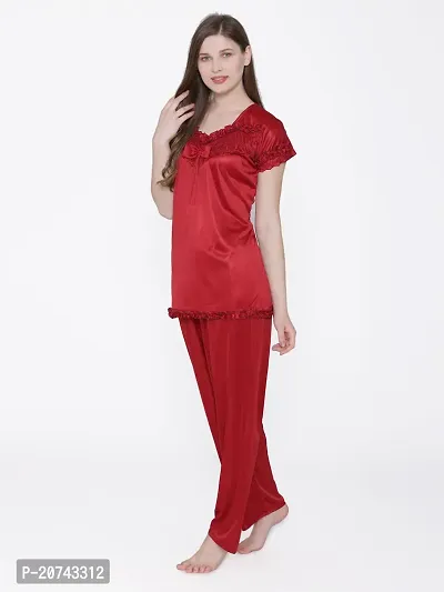 Silky Satin Top And Pyjama Set - Maroon (Size - Free )-thumb4