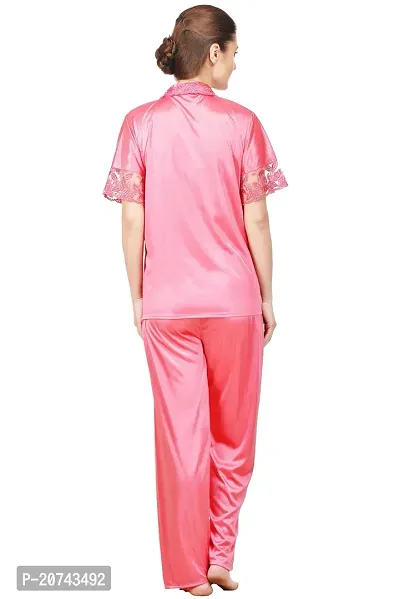 Silky Satin Top And Pyjama Set - Pink (Size - Free )-thumb4