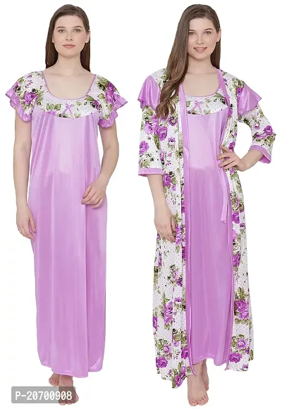 Floral Print Satin Nighty and Robe Set - Blue (Size - Free )