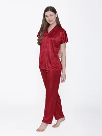 Silky Satin Top And Pyjama Set - Maroon (Size - Free )-thumb3