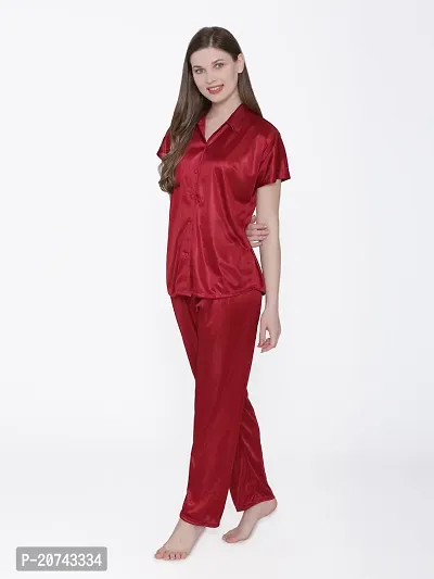 Silky Satin Top And Pyjama Set - Maroon (Size - Free )-thumb4