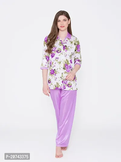 Floral Print Satin Button Up Shirt and Long Leg Pyjama Set - Blue (Size - Free )