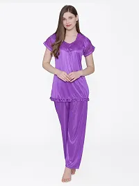 Silky Satin Top And Pyjama Set - Blue (Size - Free )-thumb1