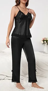 Satin Lace Black Solid Nightsuit-thumb1