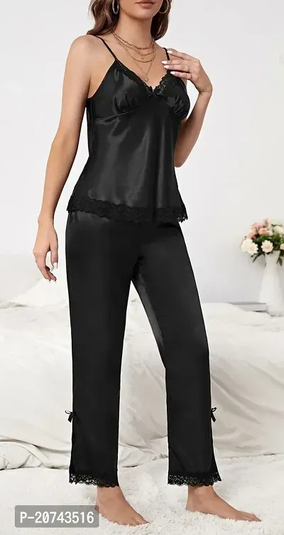 Satin Lace Black Solid Nightsuit-thumb2