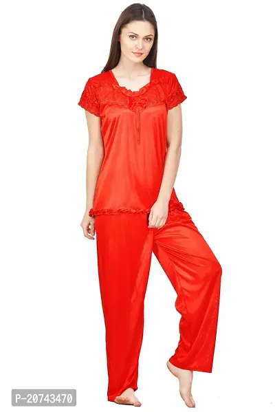 Silky Satin Top And Pyjama Set - Red (Size - Free )