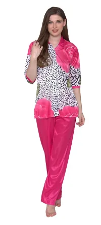 Floral Print Satin Button Up Shirt and Long Leg Pyjama Set - Pink (Size - Free )-thumb4