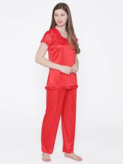 Silky Satin Top And Pyjama Set - (Size - Free )