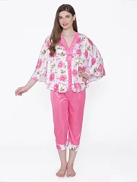 Floral Print Satin Kaftan and Capri Set - Pink (Size - Free )-thumb3